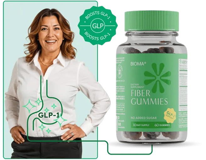 How Fiber Gummies work — woman with GLP-1 illustration and Fiber Gummies bottle