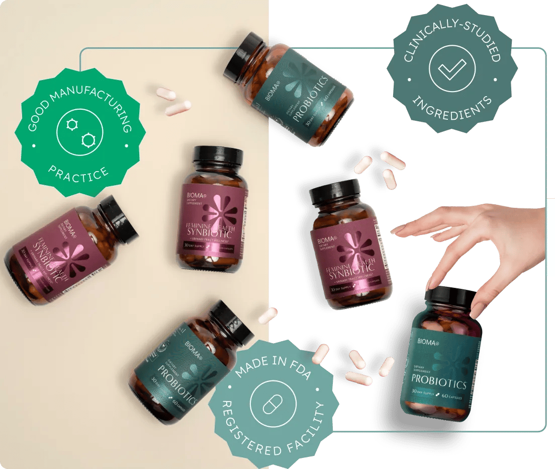 Bioma supplement bottles surrounded by clinical-quality certifications