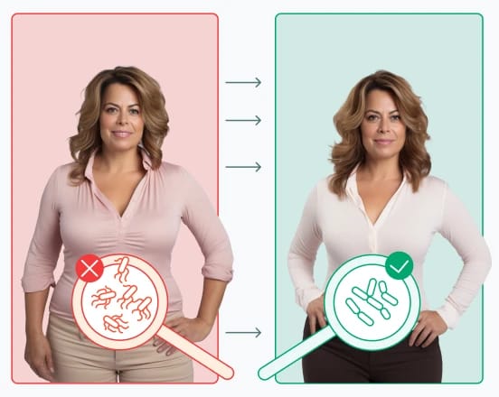 Woman before and after improving her regularity with Bioma