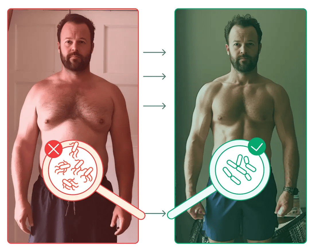 Man before and after improving his gut health with Bioma