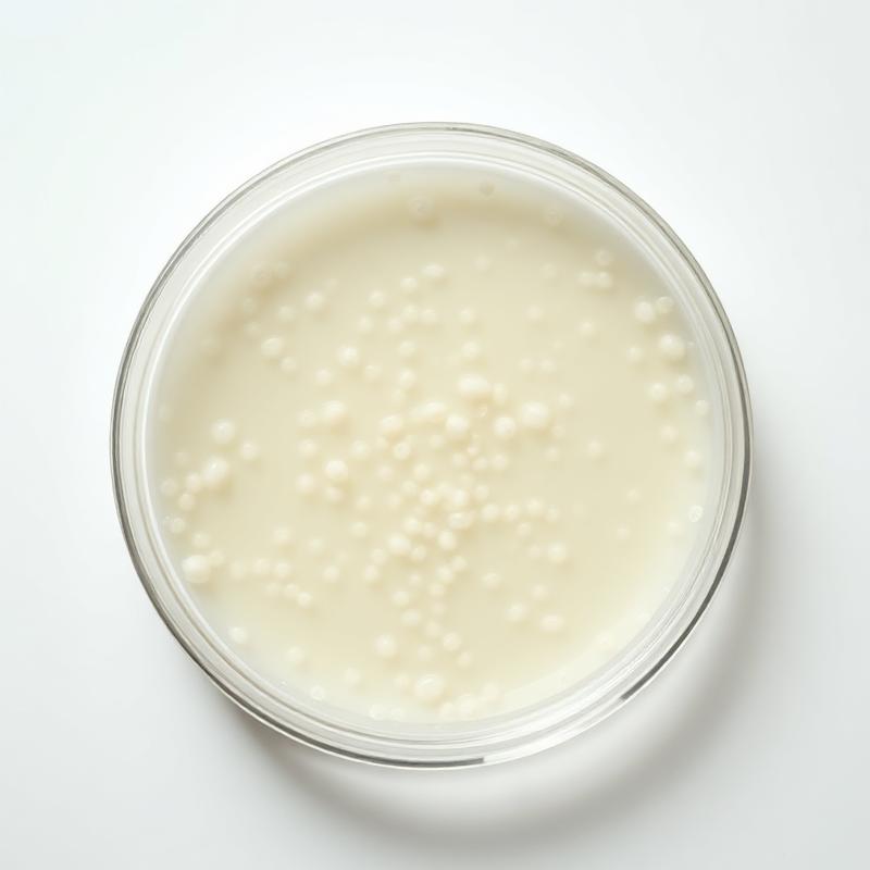 Pale bacterial colonies in a clear petri dish on white
