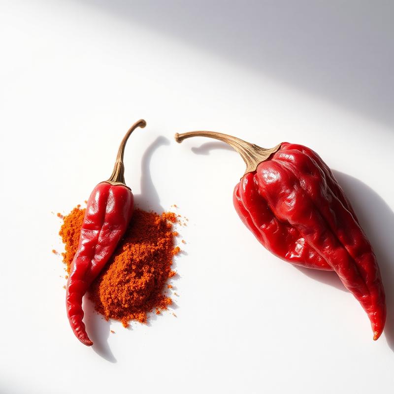 Two whole red cayenne peppers next to a small mound of cayenne powder on white