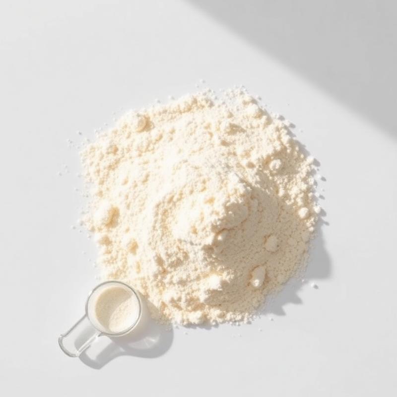 Fine cream probiotic powder with small scoop on white
