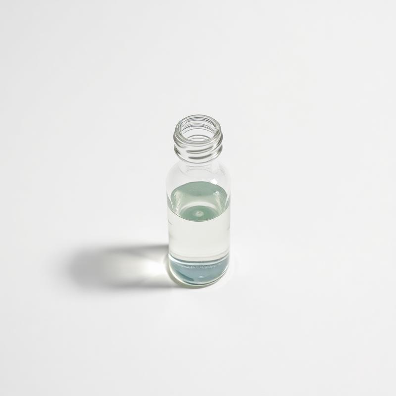 Small clear glass vial holding transparent liquid on white