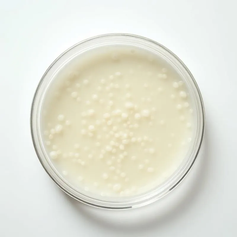 Pale bacterial colonies in a clear petri dish