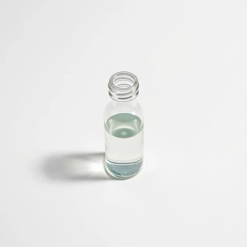 Small clear glass vial holding transparent liquid