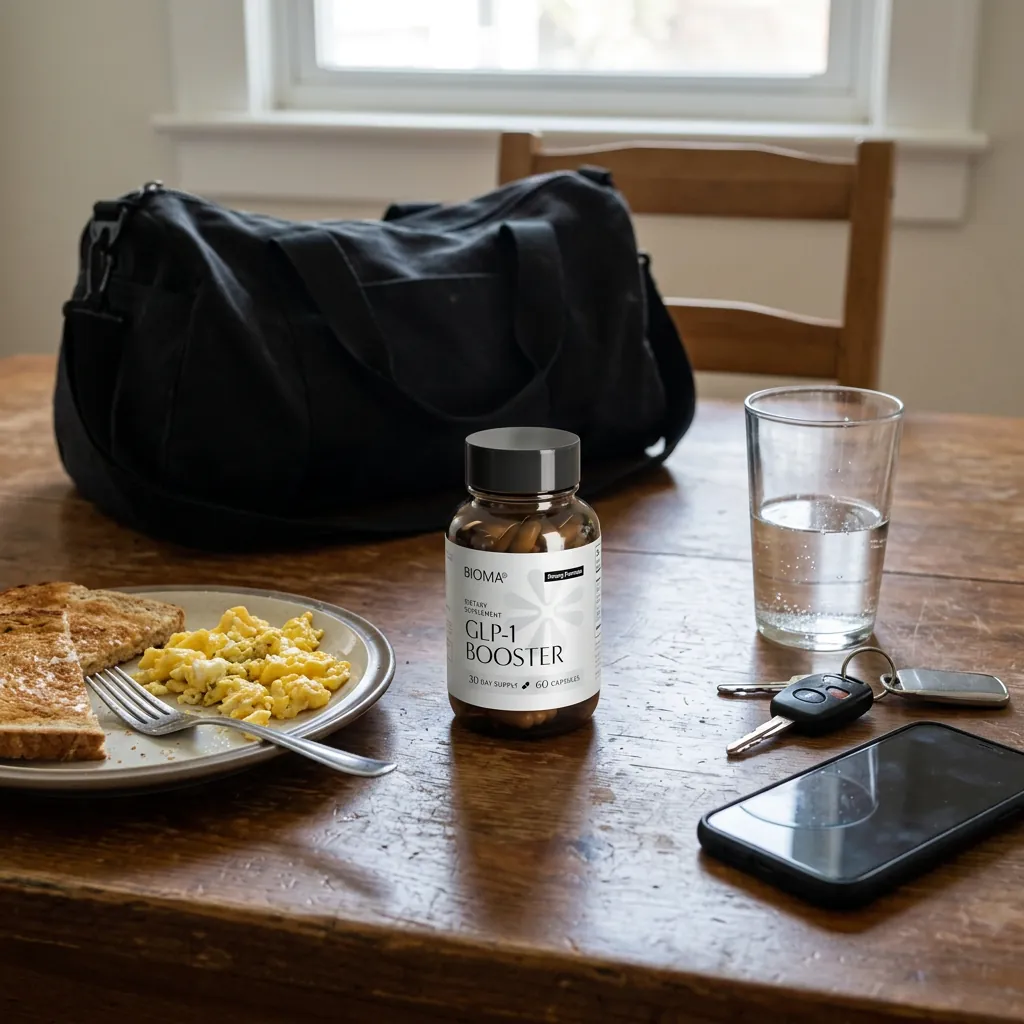 GLP-1 Booster bottle on a kitchen table next to breakfast and a gym bag