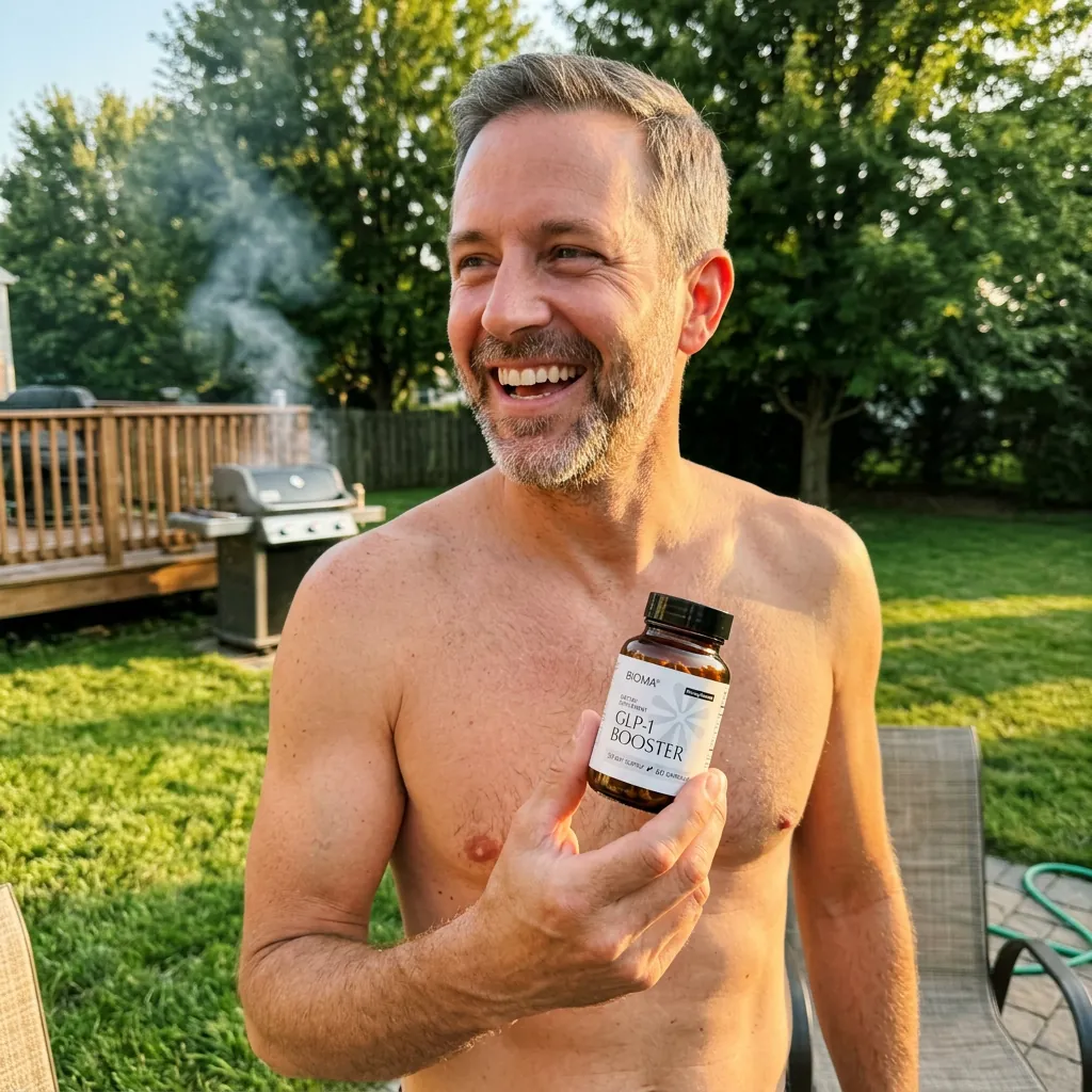 Fit man laughing in his backyard holding a bottle of GLP-1 Booster