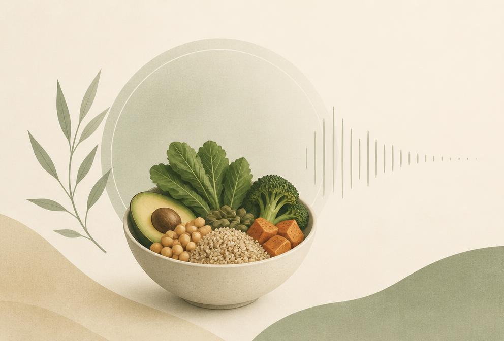 Illustration of a whole-food bowl with fading sound waves