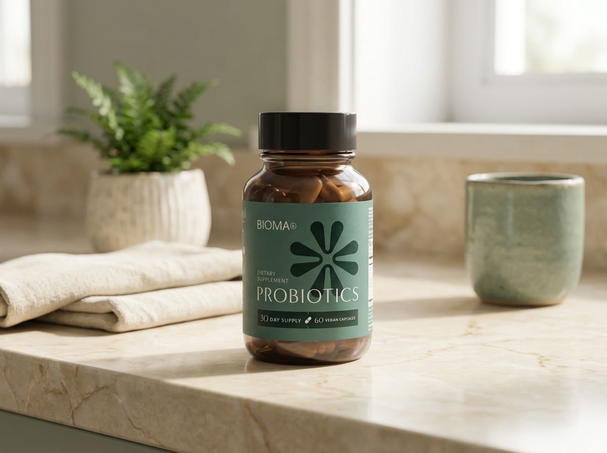 Bioma Probiotics bottle on a marble counter in morning light