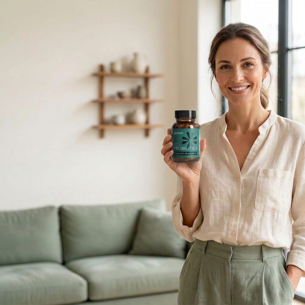 Woman holding the Bioma Probiotics bottle