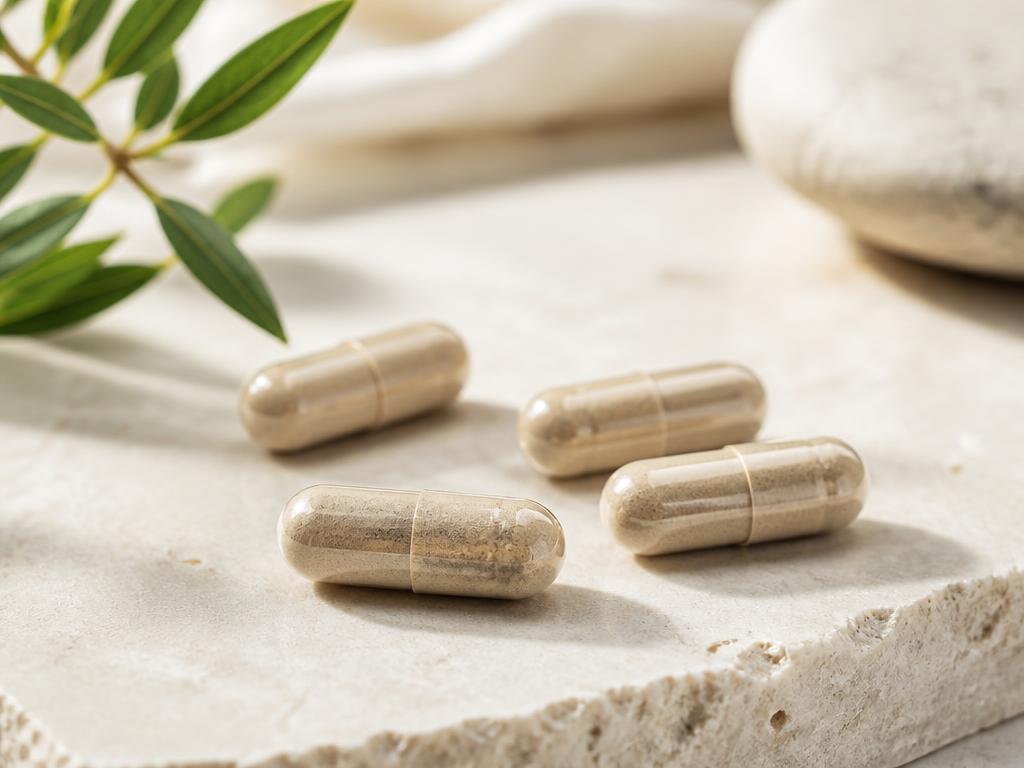 Tan delayed-release vegan capsules on a stone surface