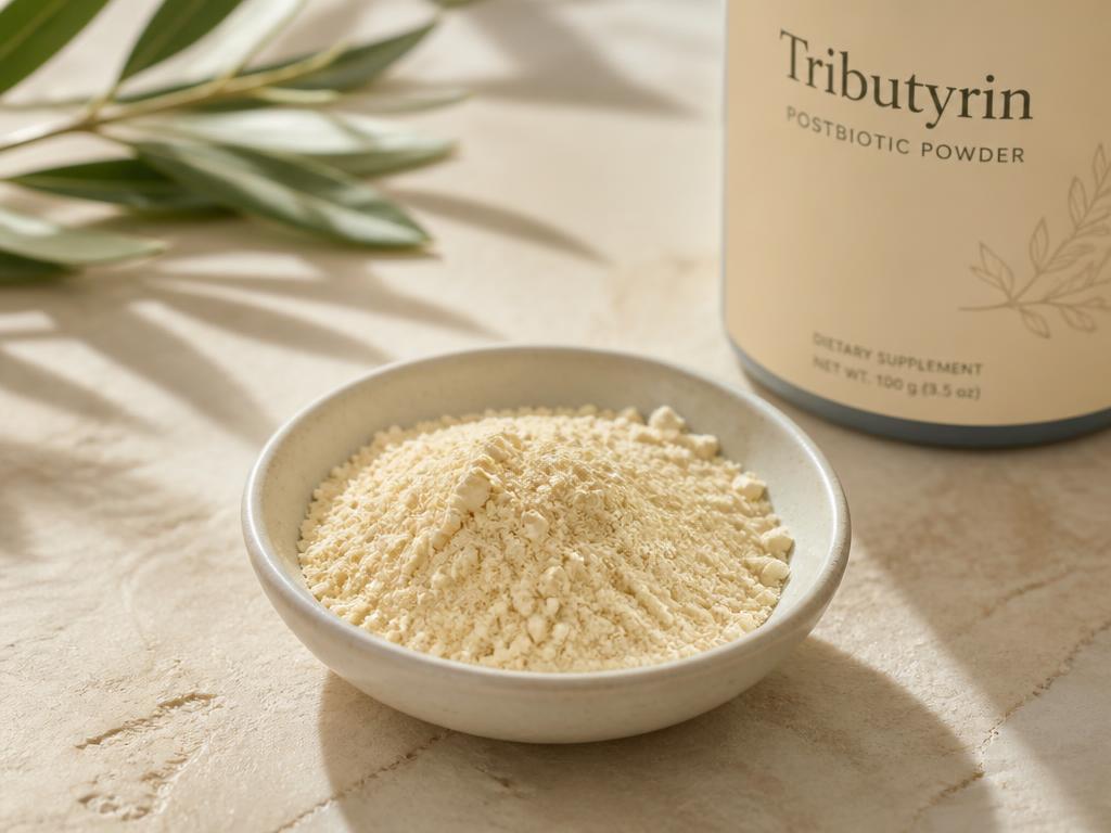 Pale golden tributyrin postbiotic powder in a small ceramic dish