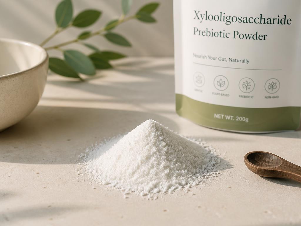 Fine white xylooligosaccharide prebiotic powder on a stone surface