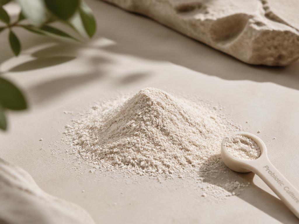 Off-white probiotic culture powder with a small scoop