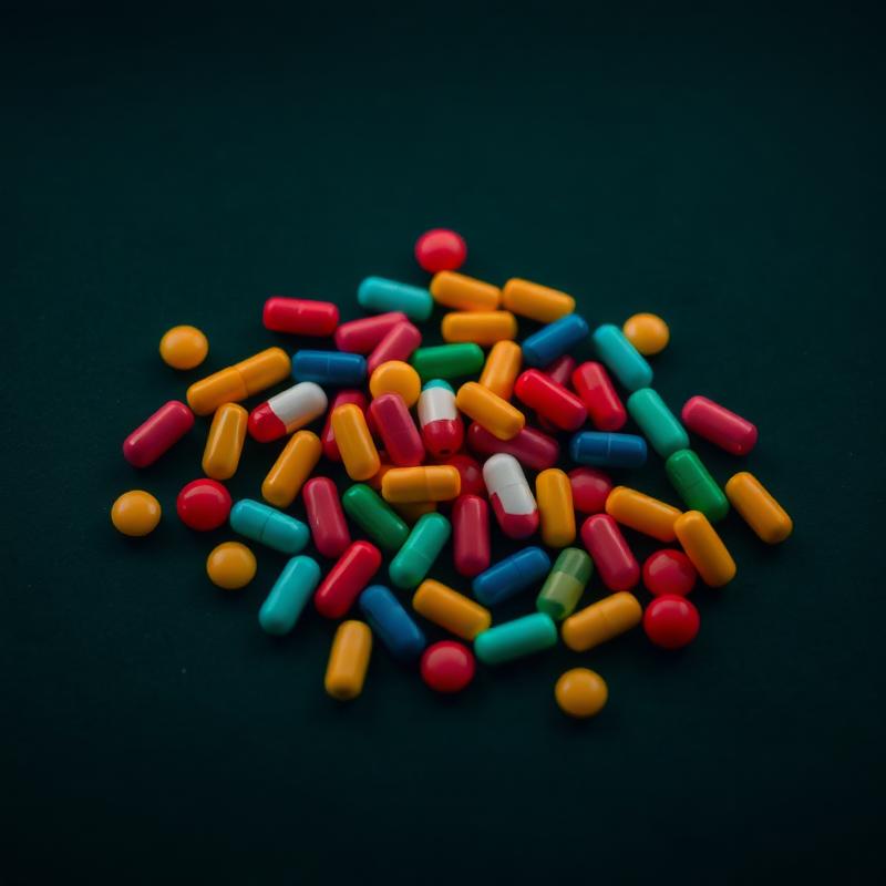 Pile of brightly colored synthetic capsules