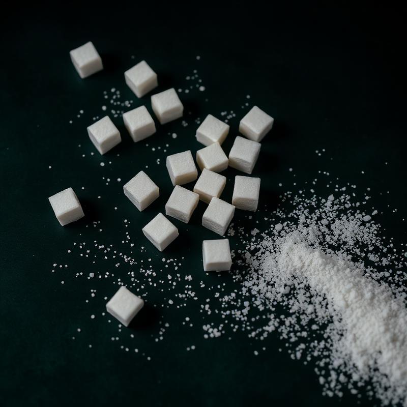 Scattered sugar cubes on a dark surface