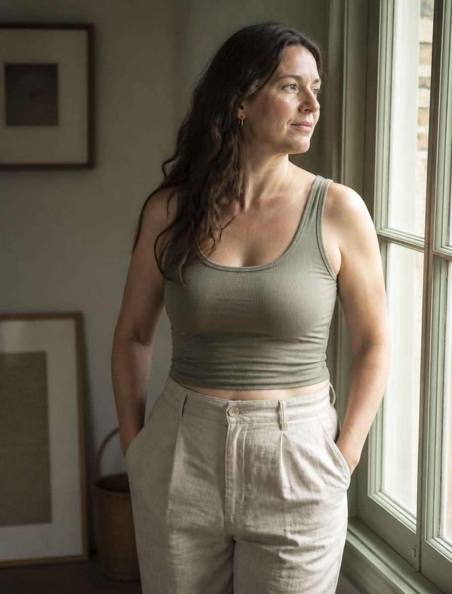 A woman standing thoughtfully by a bright window