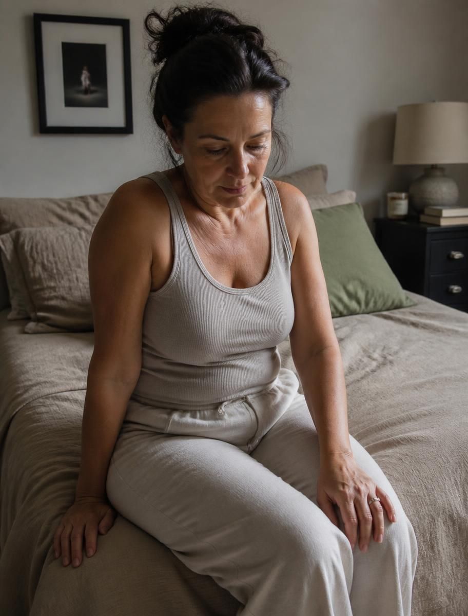 A woman sitting quietly on the edge of her bed in the morning
