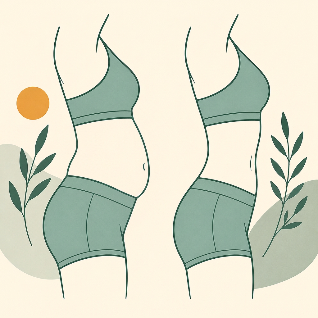 Illustration comparing a softer lower belly before with a flatter midsection after
